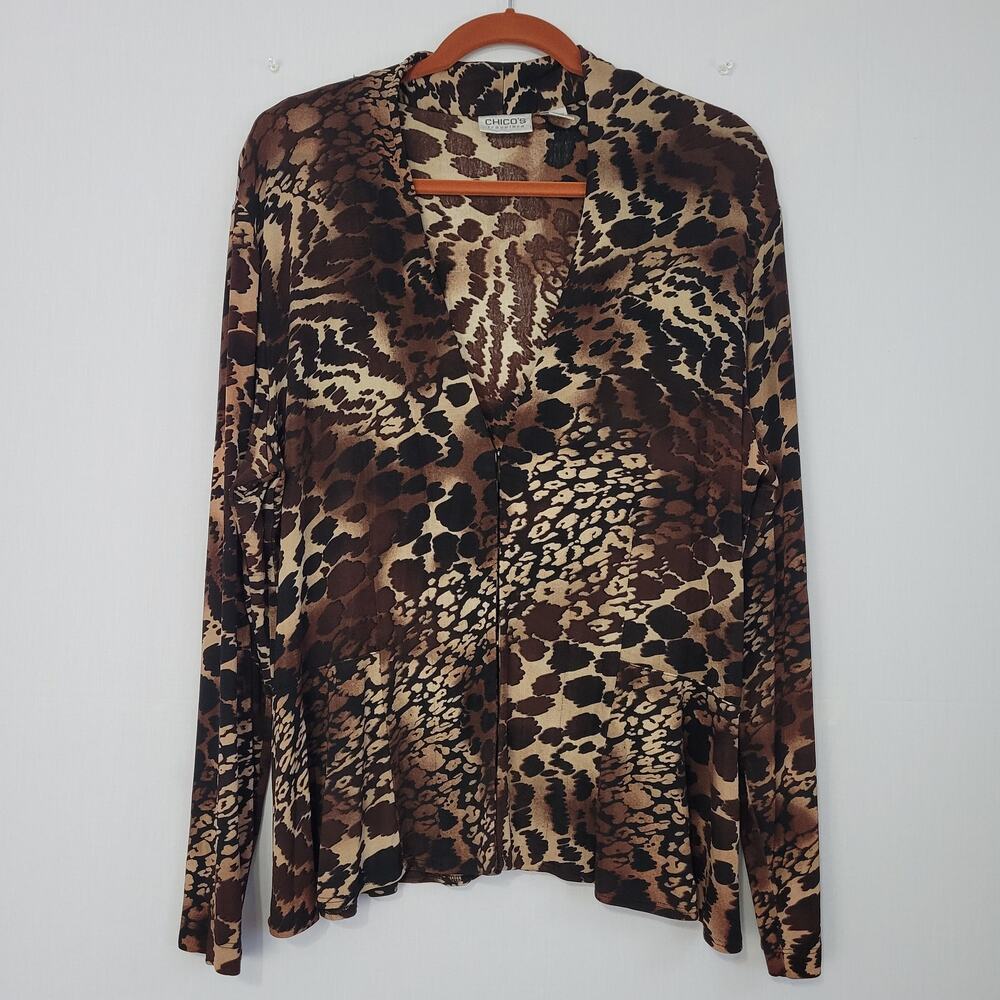 Vtg 90s Chico's Travelers 3 Animal Print V-neck Cardigan size XL/16 Travel USA